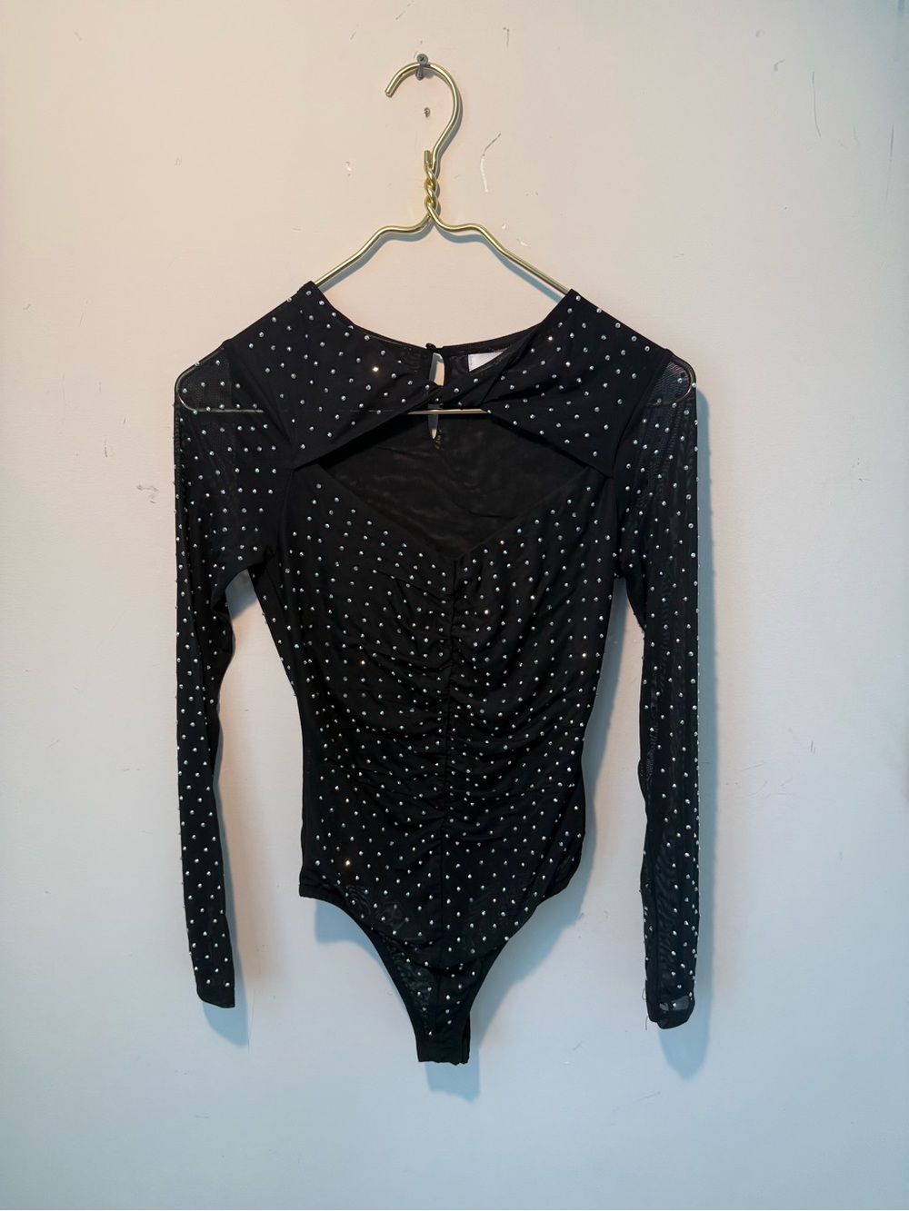 Astr Black Long-Sleeve Rhinestone Dot Bodysuit
